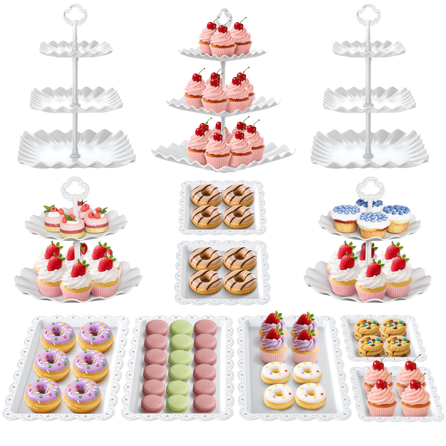 Photo 1 of Cupcake Stand, 12Pcs Dessert Table Display Set, 3-Tier Cup Cake Tower Stands & 2-Tiered Cake Holder, Treat Food Platters Serving Trays for Cookie, Candy, Tea Party, Baby Shower, Birthday, Plastic