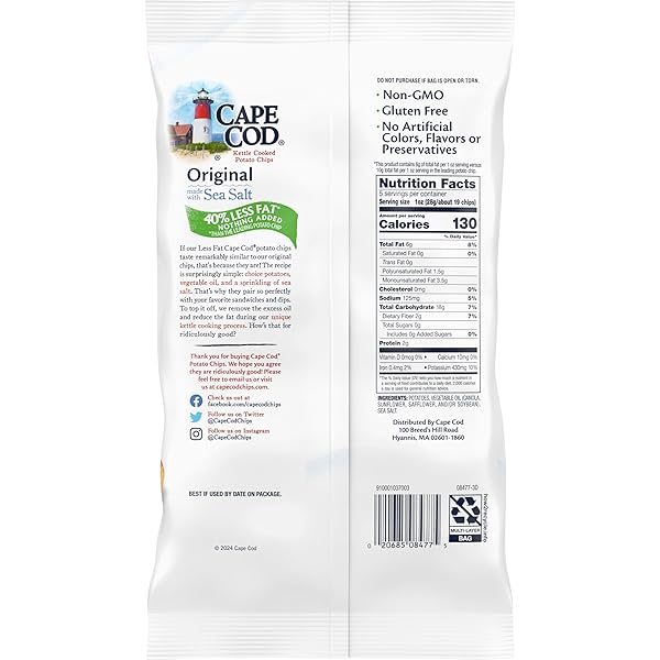 CAPE COD POTATO CHIPS, POTATO CHIPS REDUCED FAT, 5 OUNCE