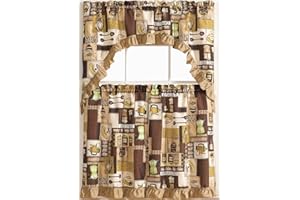 GLORY RUGS 3pc Kitchen Curtain Coffee Brown Valance Set 1 Swag Valance and 2 Tiers 2 Tiers Width 29"x 34" Each and The Valance Length 58"x34"