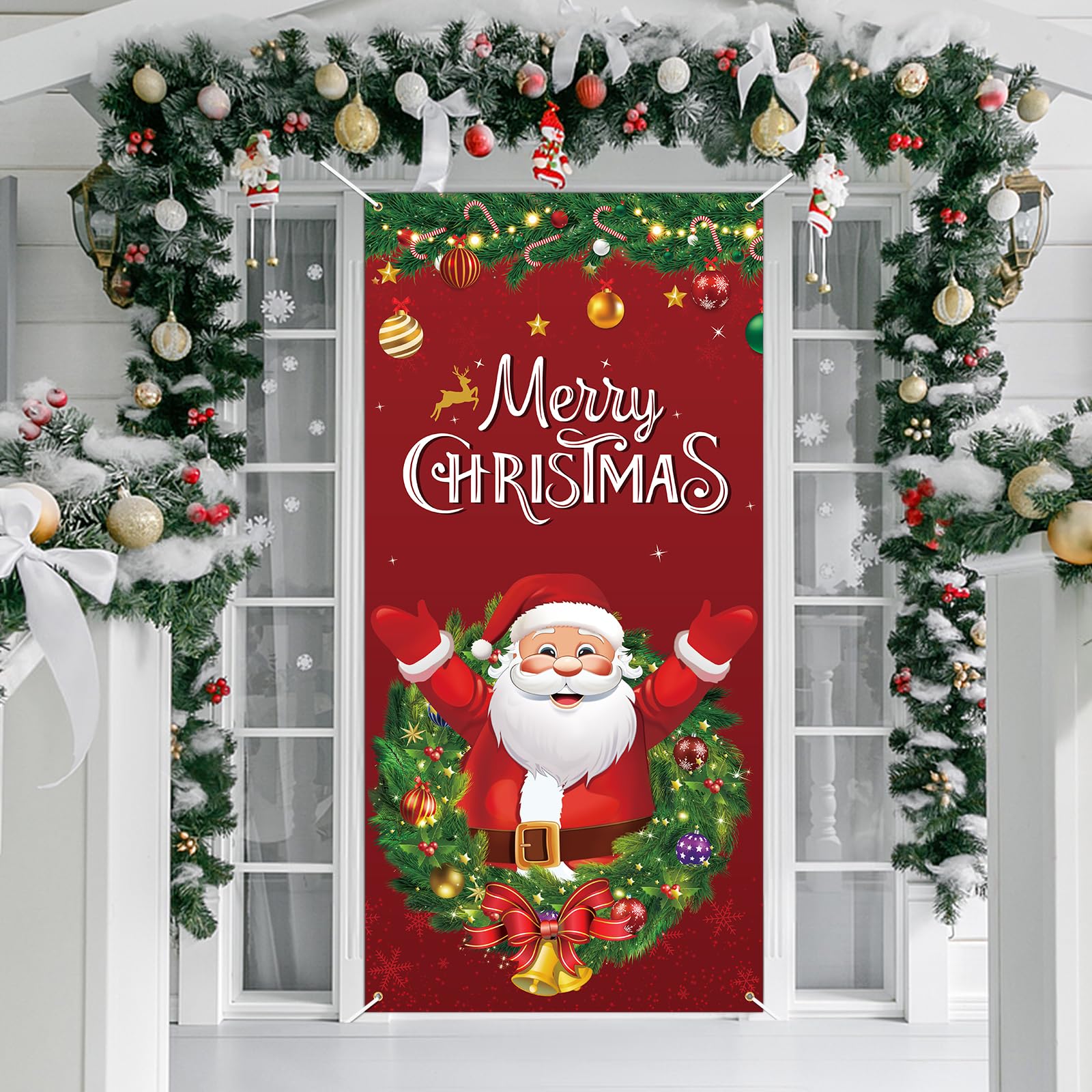 Hxezoc Christmas Door Cover - Merry Banner With Santa Claus Backdrop - Front Hanging Background for Decorations - Xmas Party Supplies 70 x 35 Inch
