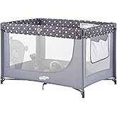 Pamo Babe Compact Pack and Play - Portable Crib for Baby, Lightweight Foldable Travel Playard with Mattress Pad & Carry Bag, Safe Breathable Travel Bed for Home, Trips & Family Visits, Cute Pattern