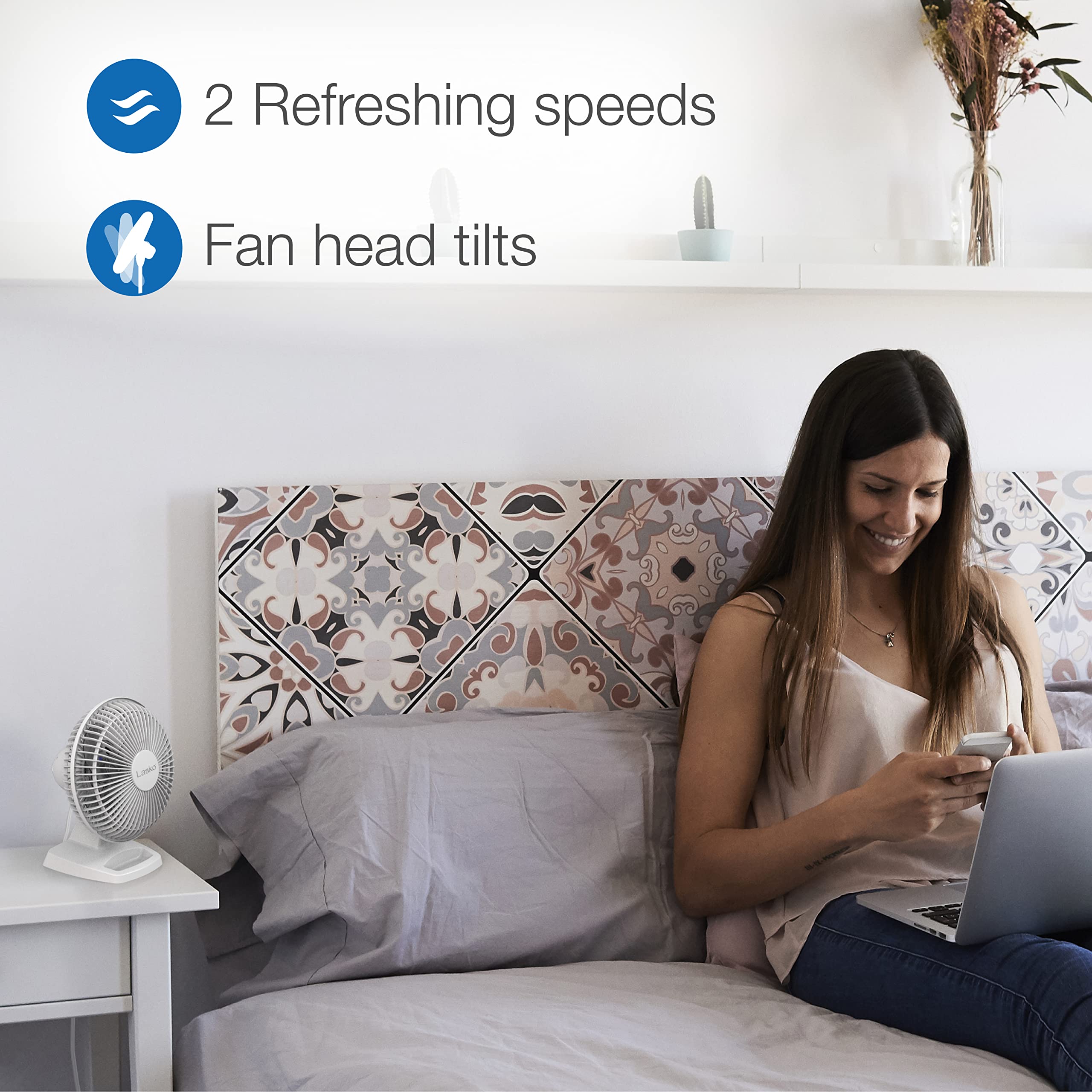 Lasko Personal Table Fan with Storage Tray, 2 Quiet Speeds, Tilt-Back Fan Head for Home Office, Bedroom, 6