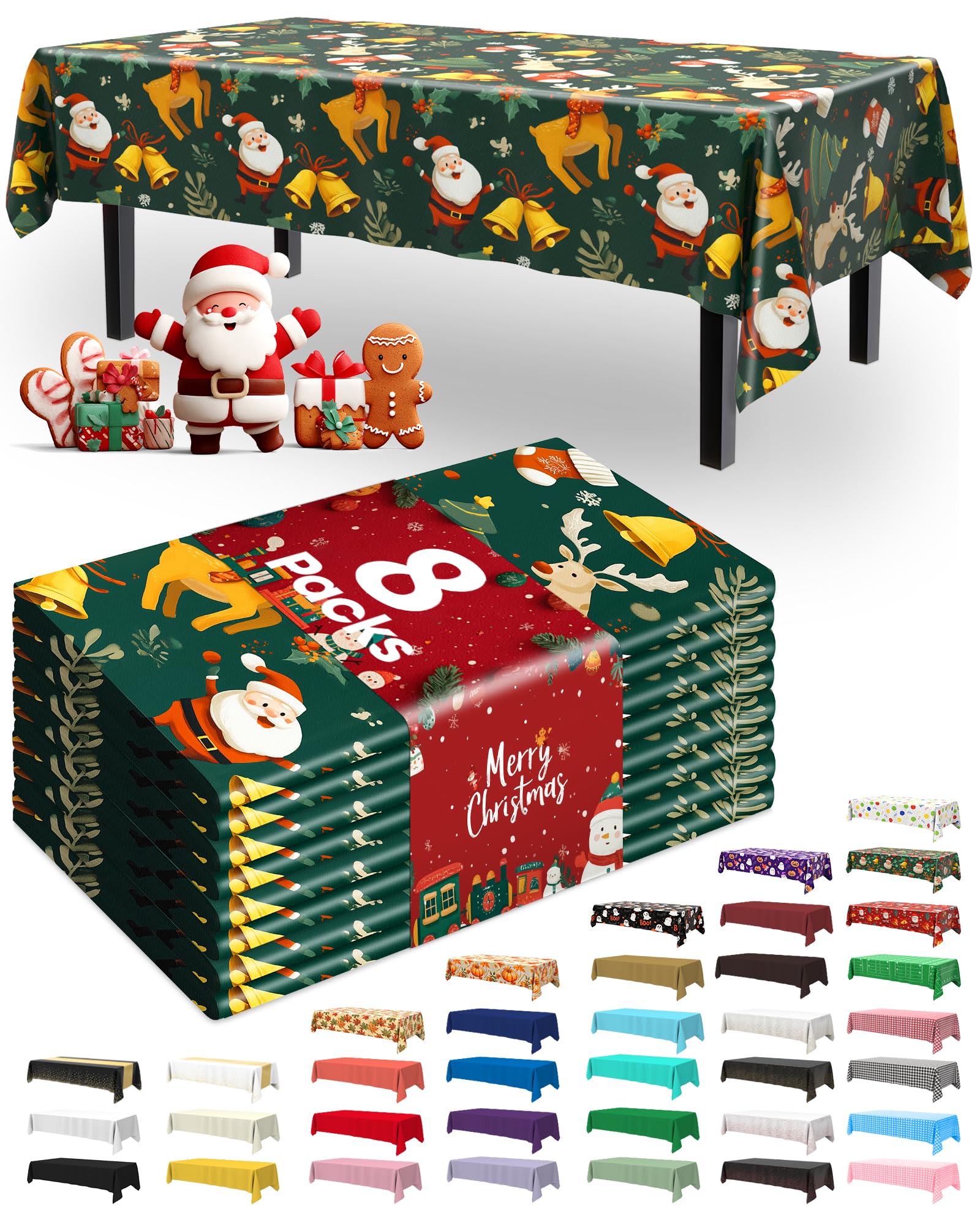 Pureegg Plastic Table Cloth Disposable 8 Pack, 54 x 108 Inch Rectangle Tablecloths, Sturdy Leakproof Plastic Covers for Party, Picnic, Wedding, Winter & Xmas Decoration, Christmas Green