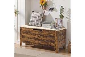 VECELO 43.3" Storage Chest with Lift Top Storage, Farmhouse Style Ottoman with Handwoven Wicker Cushion, Safety Hinges, Ideal for Entryway, Bedroom, Living Room, Walnut Brown