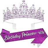 SuPoo Purple Birthday Sash and Crown Kit - Princess Tiara With Comb, Glitter Sash for Women, Crystal Headband for Girls - Happy Birthday Decorations Gifts