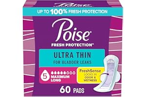 Poise Ultra Thin Incontinence & Postpartum Pads with Wings for Bladder Leaks, 5 Drop Maximum Absorbency, Long Length, 60 Count, Packaging May Vary