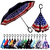 Wxjiahetai Inverted Umbrella, 49 Inch Double-Layer Vented Reverse Umbrella, Windproof Waterproof UV Protection, Lightweight C-Handle, Fiberglass Ribs, Steel Shaft, Travel/Commute/Car Use, With Sleeve