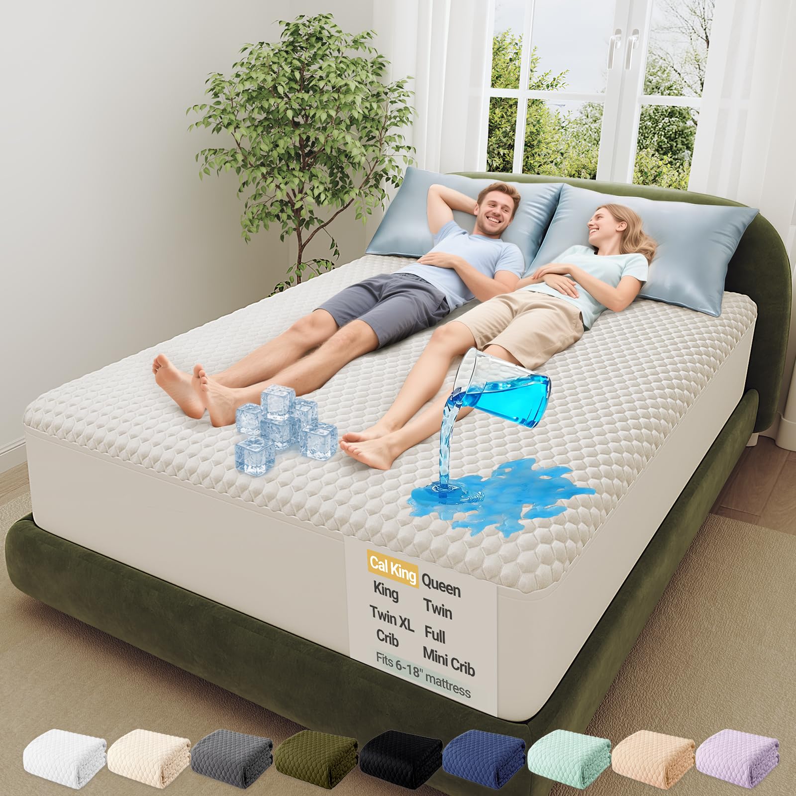 OhGeni 100% Waterproof Mattress Protector,California King Bamboo Viscose Top Layer Pad,3D-Air Fabric Cooling Breathable Fitted Sheets,Washable Bed Cover, Over 99 Count Hex Bumps for Taller Person