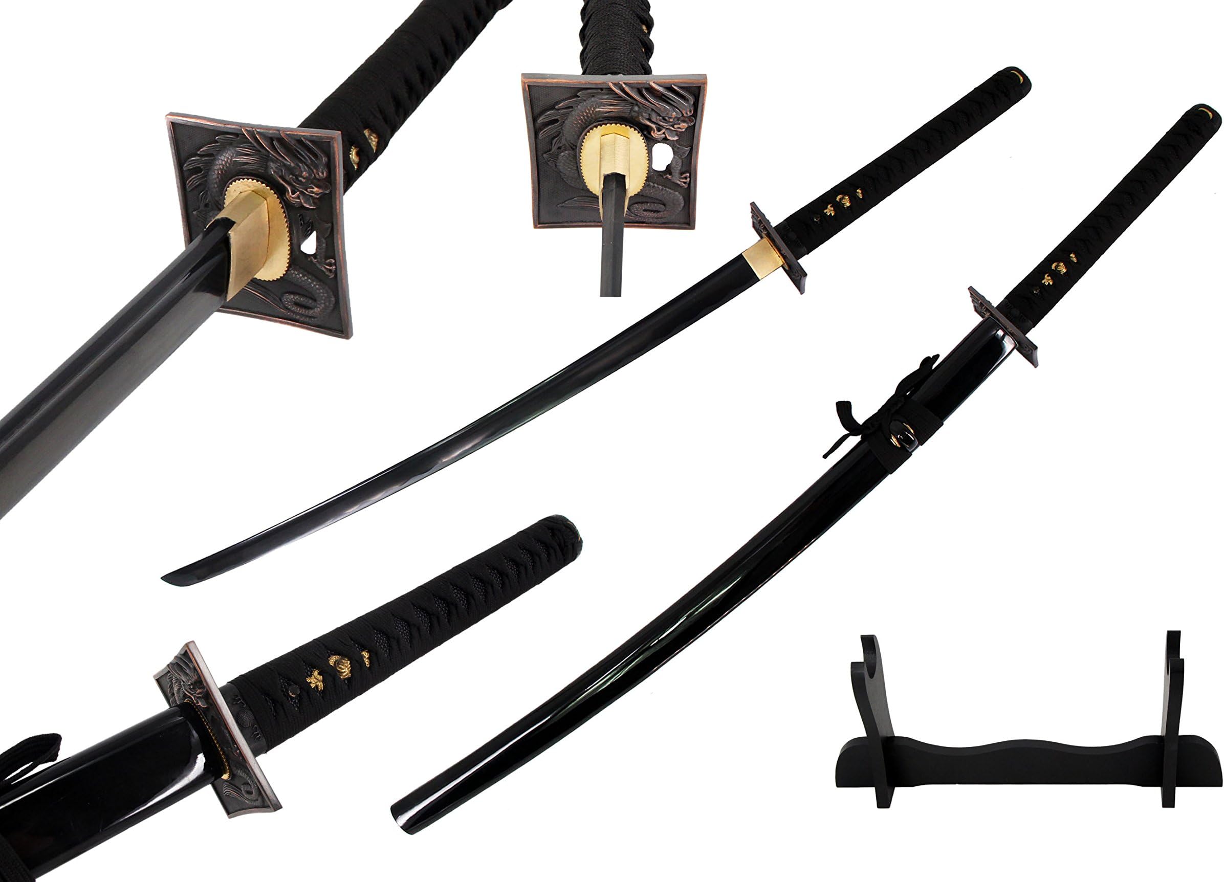 Vulcan Gear Japanese Black Blade Sacred Handmade Sharp Katana Samurai Sword with Wood Sword Stand and Scabbard