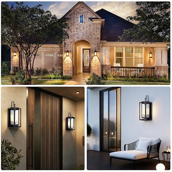 HAMESO OUTDOOR WALL LIGHTS FOR HOUSE EXTERIOR, 18 INCH LARGE BLACK MODERN LANTERN WITH DUAL METAL FRAME & TEXTURED GLASS, IP65 WATERPROOF (BULBS INCLUDED)