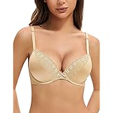 Deyllo Women's Lace Beauty Back Push Up Bra Padded Plunge Underwire for T-Shirts Comfortable Lift Add One Cup