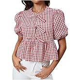MakeMeChic Women's Gingham Bow Blouse Puff Sleeve Crew Neck Ruffle Hem Plaid Tops