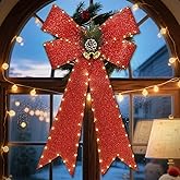 DomKom 32 Inch Large Red Bows Christmas Decorations, 118 Led Lighted Giant Bow with 8 Light Functions &Timer, Golden Bell Pine Cone for Xmas Tree Topper Wreaths Indoor Outdoor Holiday Decor