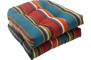 Pillow Perfect Stripe Indoor/Outdoor Chair Seat Cushion, Tufted, Weather, and Fade Resistant, 19" x 19", Red/Brown Westport, 2 Count