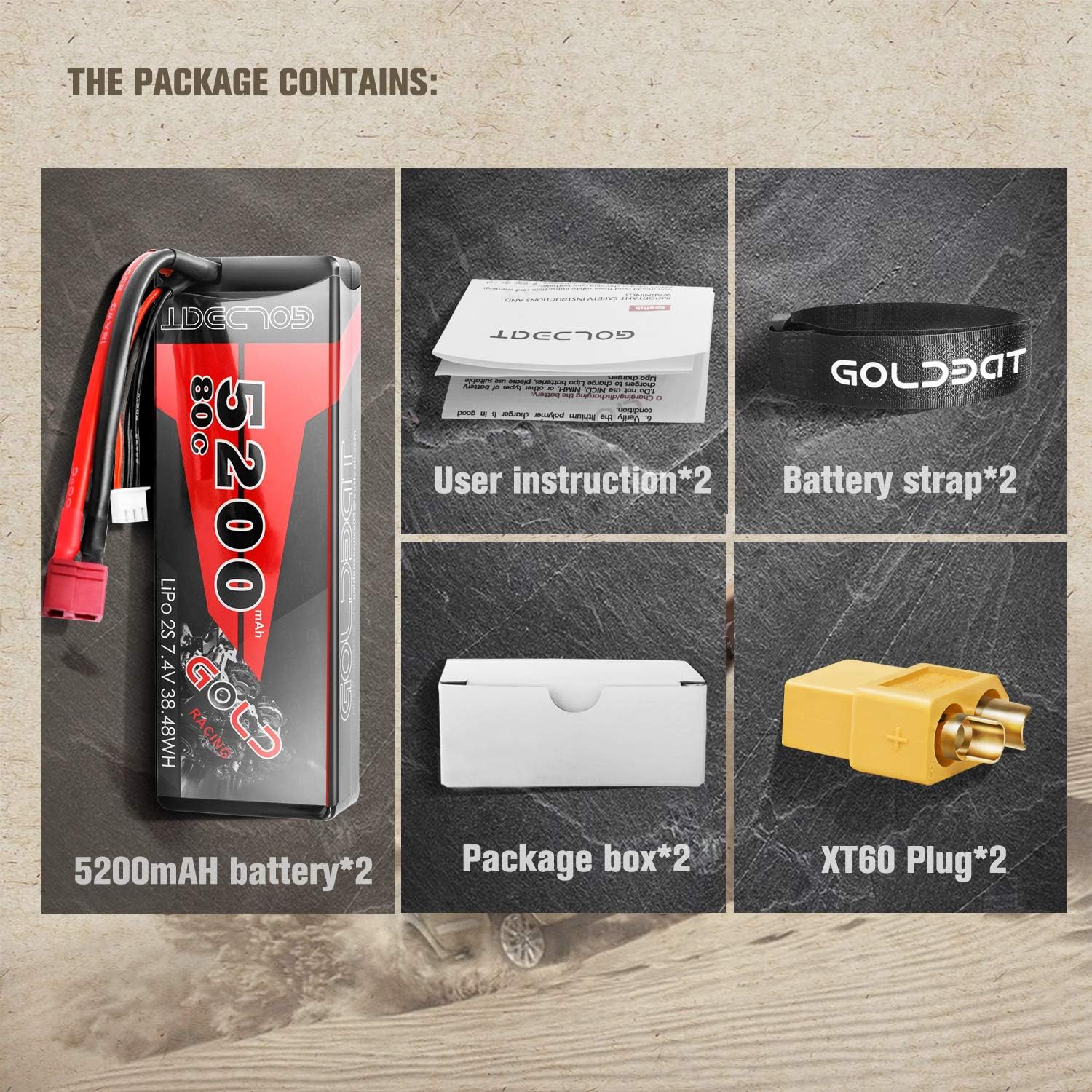 GOLDBAT 5200 mAh 7.4V 80C 2S Lipo Battery Hard case with Dean-Style T Connector for RC Car Truck Slash Slash 4x4, Emaxx - Image 3