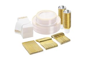 BESTVIP 175PCS Clear Gold Disposable Dinnerware Set (25 Guests), Plastic Plates for Party, Wedding, Include: 50Plastic Plates, 25 Gold Silverware, 25 Cups, 25 Napkins