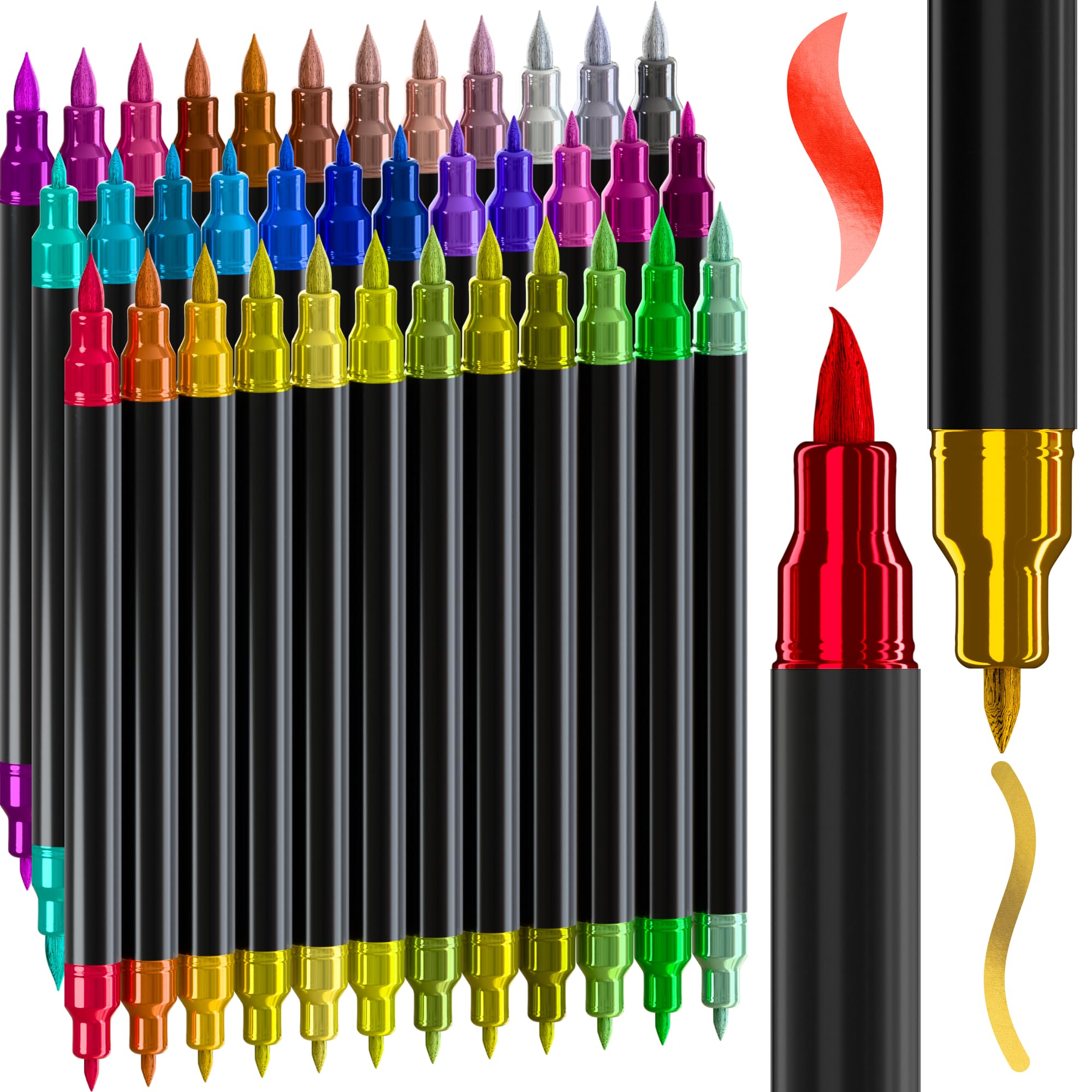ARTISTRO 36 Metallic Acrylic Paint Markers - Paint Pens Dual Tip Brush + Fine Ideal for Calligraphy - Perfect for Fabric, Rock, Glass, Wood, DIY - Art Supplies, Stocking Stuffers, Christmas Gift Idea Image