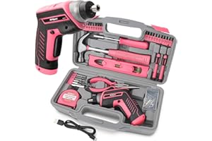Hi-Spec 35-Piece Tool Kit with 3.6V USB Small Electric Screwdiver Set, Pink Drill Set for Women, Tool Kit for Home