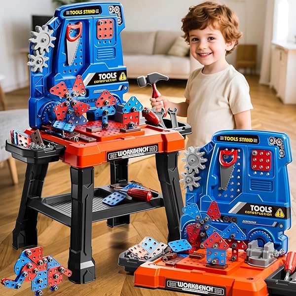 KIZONLY KIDS TOOL TOY PLAYSET WITH ELECTRONIC DRILL SOUND FOR AGED 3 4 5 6 7 8, WORKBENCH TOYS FOR TODDLERS 3-5, PRETEND PLAY TOOL BOX, CONSTRUCTION MECHANIC SET, BIRTHDAY GIFT FOR BOYS GIRLS AGES 3-8