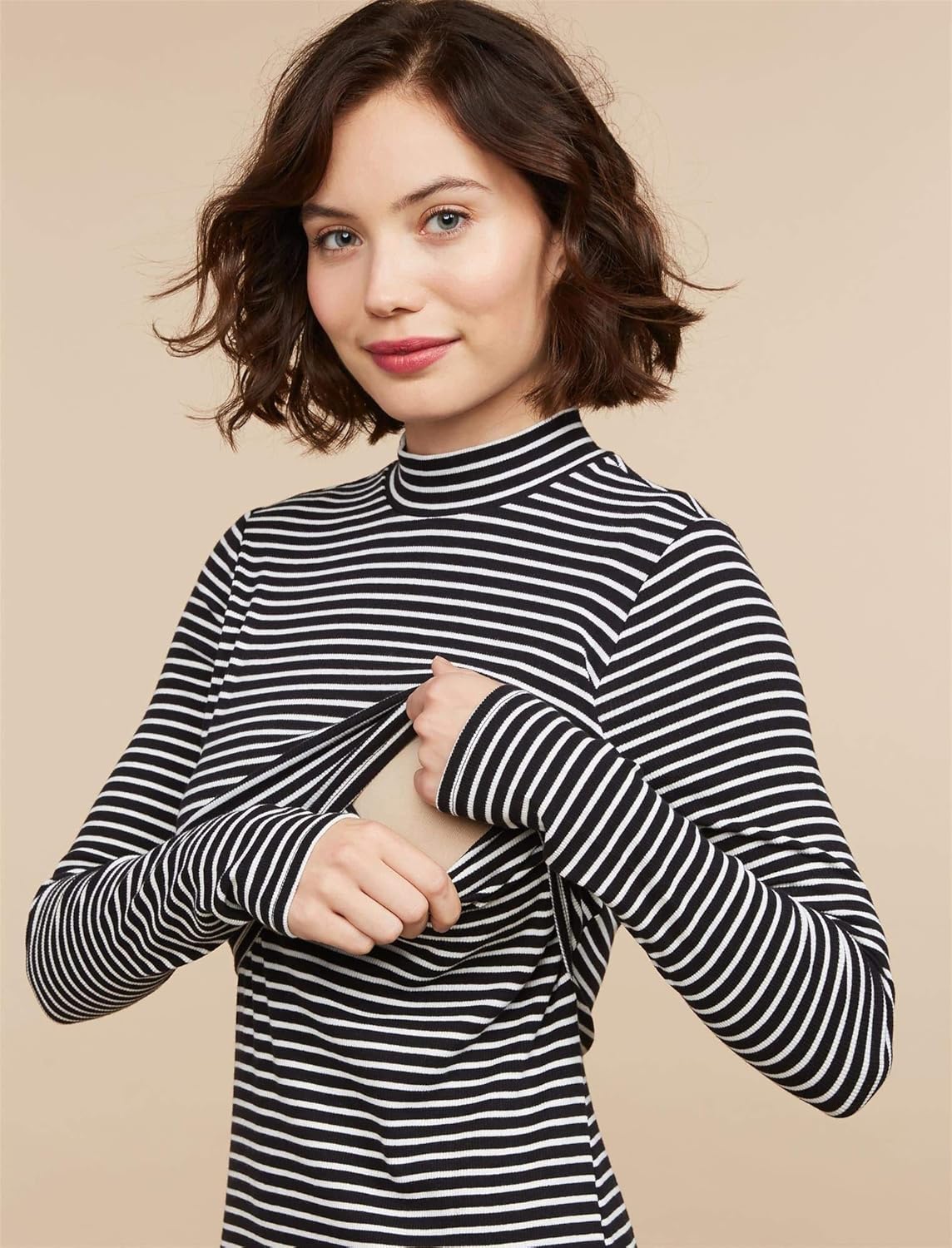 Motherhood Maternity Women's Maternity Long Sleeve Mock Neck Lift Up Bodycon Nursing Dress, Black/White Stripe, Extra Large at  Women’s Clothing store