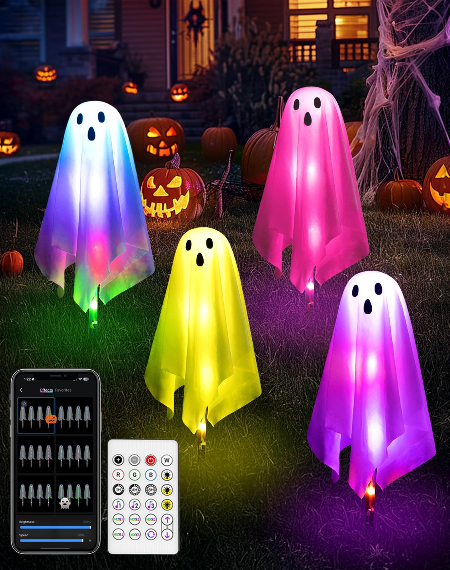 Photo 1 of 4Packs Halloween Decorations Outdoor Ghost Pathway Lights,Light Up Ghost Decor with APP Control&Remote, Color Changing, DIY Lights, Dimming, Music Synic, Halloween Pathway Light for Porch Yard Garden