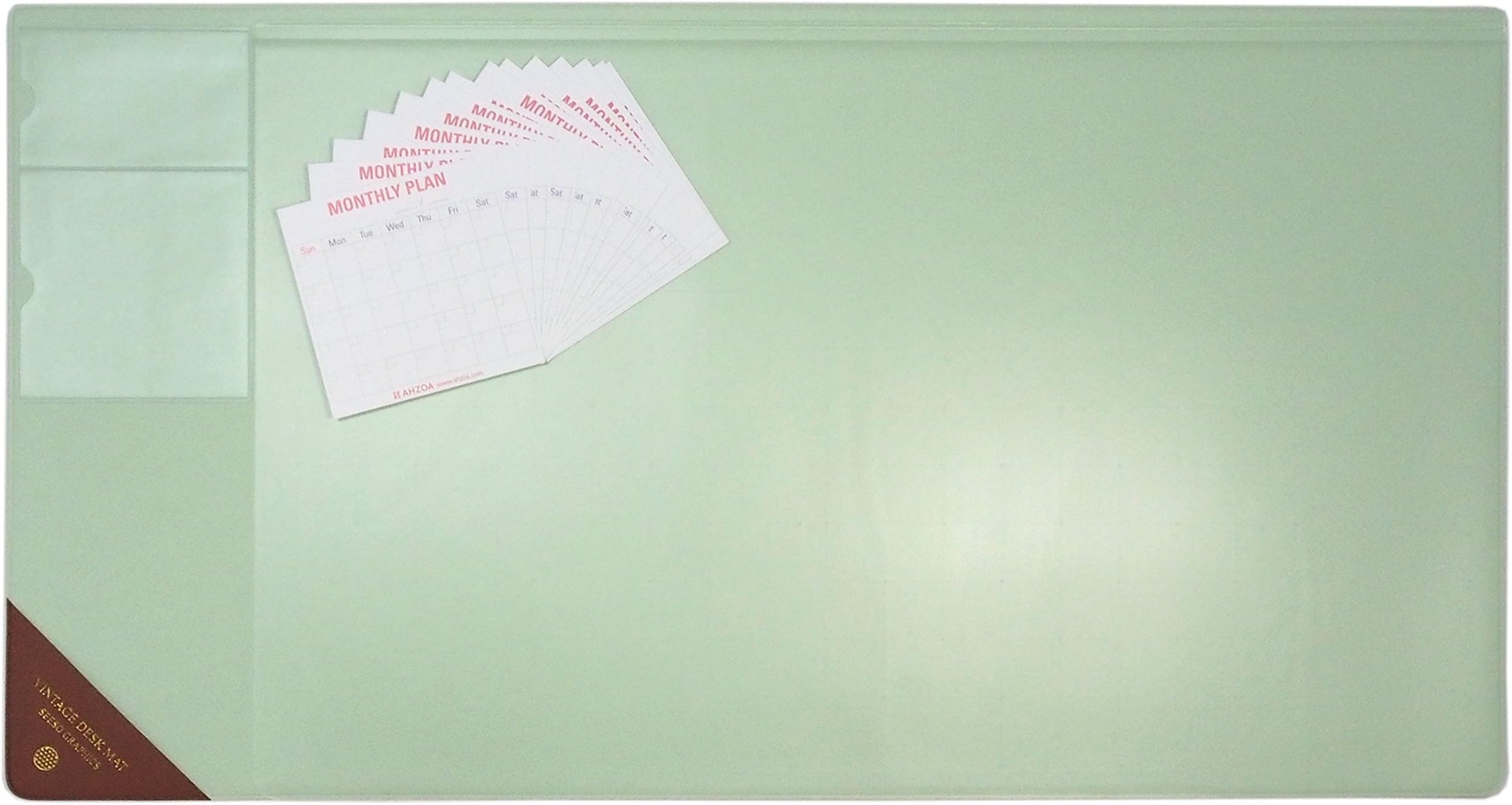 Vintage Desk Pad with Pocket Size 14 AHZOA Monthly Plan Cards, 25.2 X 13.4 Inch Desk Mat Clear Transparent Cover (Mint)