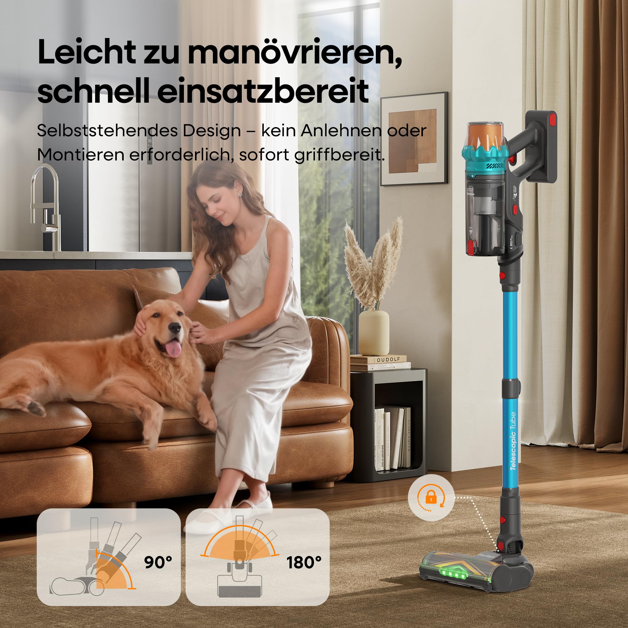 ElecKeys Akku Staubsauger 50000Pa/580W/70Min, Staubsauger Kabellos mit LED Display, 1,8L Akkustaubsauger mit Anti-Tangle-Bürste, Selbststehend für Tierhaare Teppiche Hartböden Auto, Blau, K10 6