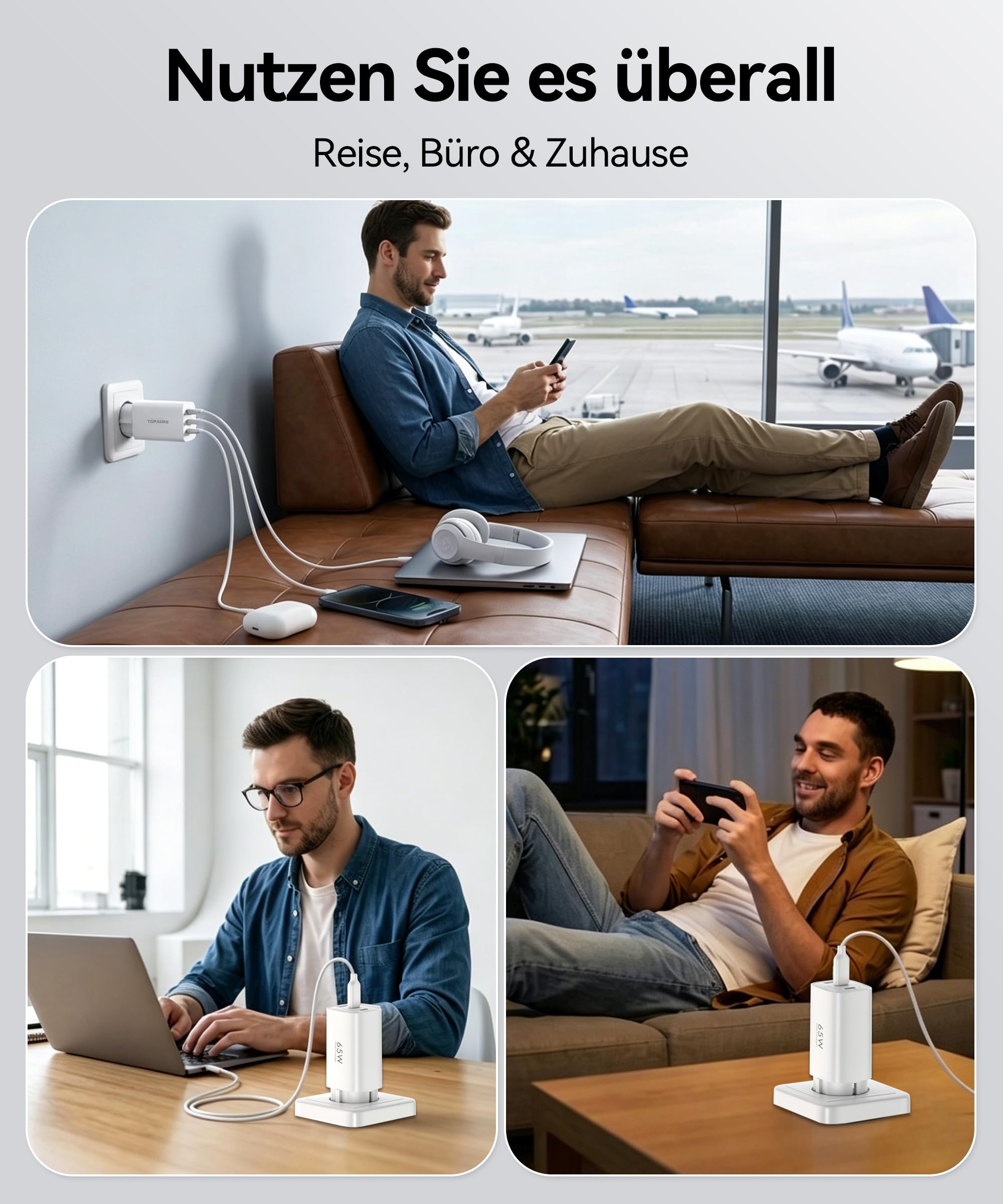 TOPADRE 65W USB C Ladegerät 3-Port Schuko Stecker CEE 7/7 für MacBook 6