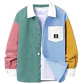 SHENHE Men's Colorblock Button Down Shirt Jacket Collared Loose Corduroy Shacket Jacket Streetwear