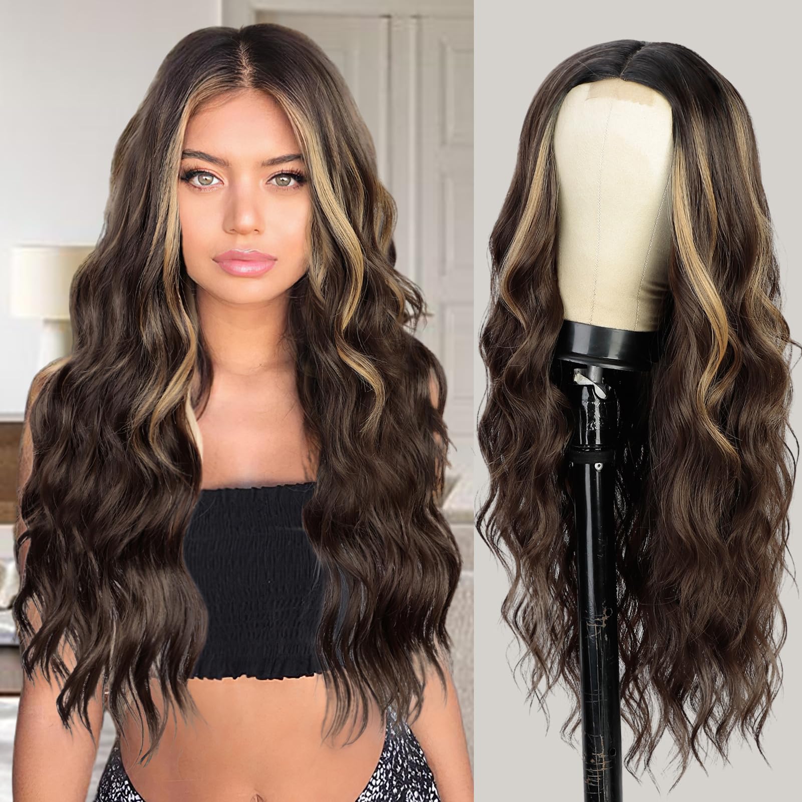 Photo 1 of N NAYASA Long Wavy Middle Part Wig for Women Synthetic Curly Wigs Natural Wavy Heat Resistant Wig for Daily Party Use (Brown Mixed Blonde,24inch)