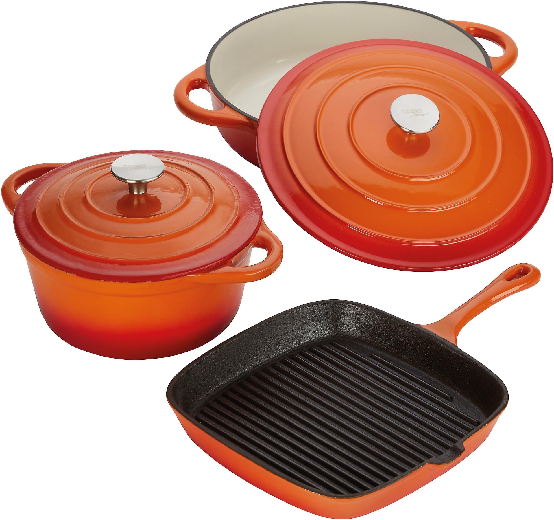 Cast Iron Kitchen Pan Set Cookware Oven Proof Skillet Pan & Casserole Dishes with Self Basting Lids by Cooks Professional (Orange)