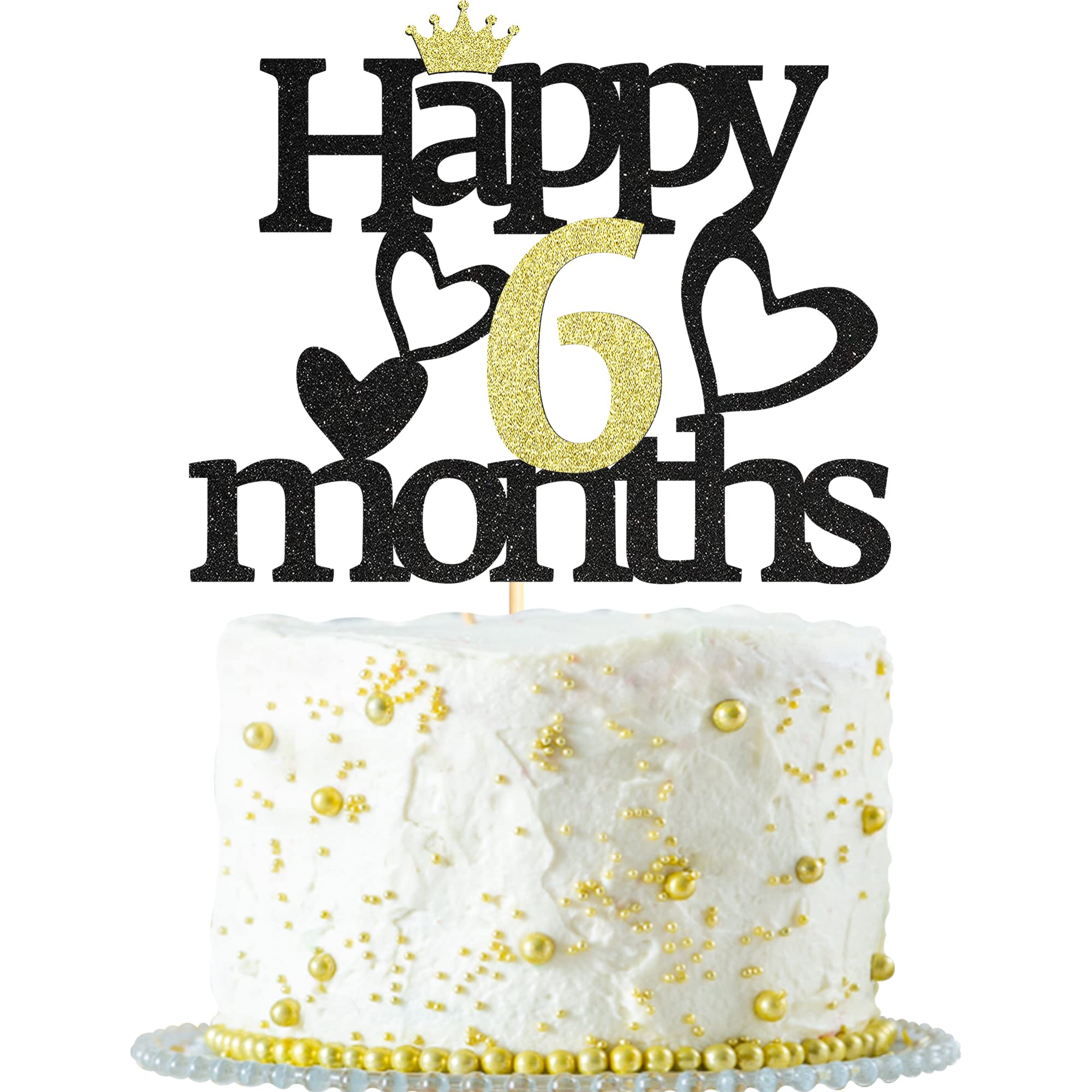 Happy 6 Months Birthday Cake Topper Black Gold Glitter 1/2 Cake Topper for Baby Shower Baby's Half Birthday Half Year Anniversary Party Cake Decorations