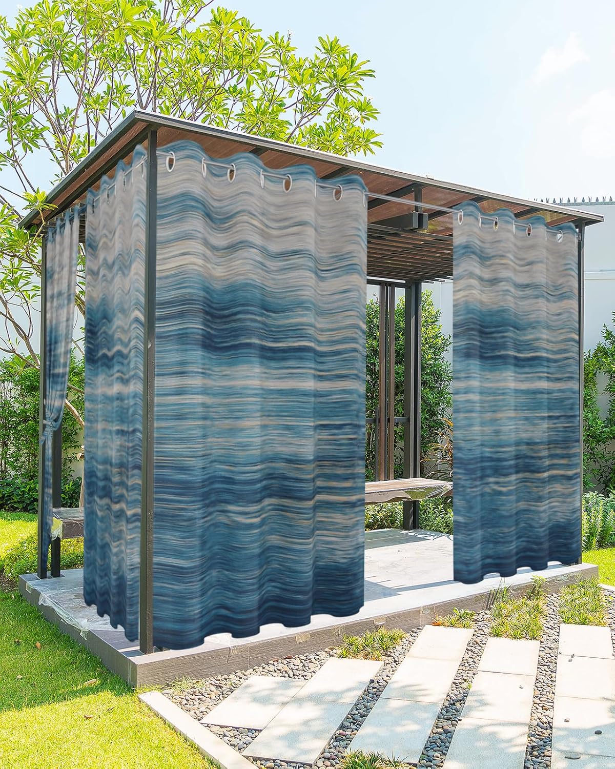 Outdoor Curtains - Outdoor Curtains for Patio Waterproof Modern Abstract Outside Curtain 2 Panel, Rustic Blue Gradient Line Privacy Curtain Grommet Drapes for Pergolas Gazebo Porch Balcony 2 Panel 54x108