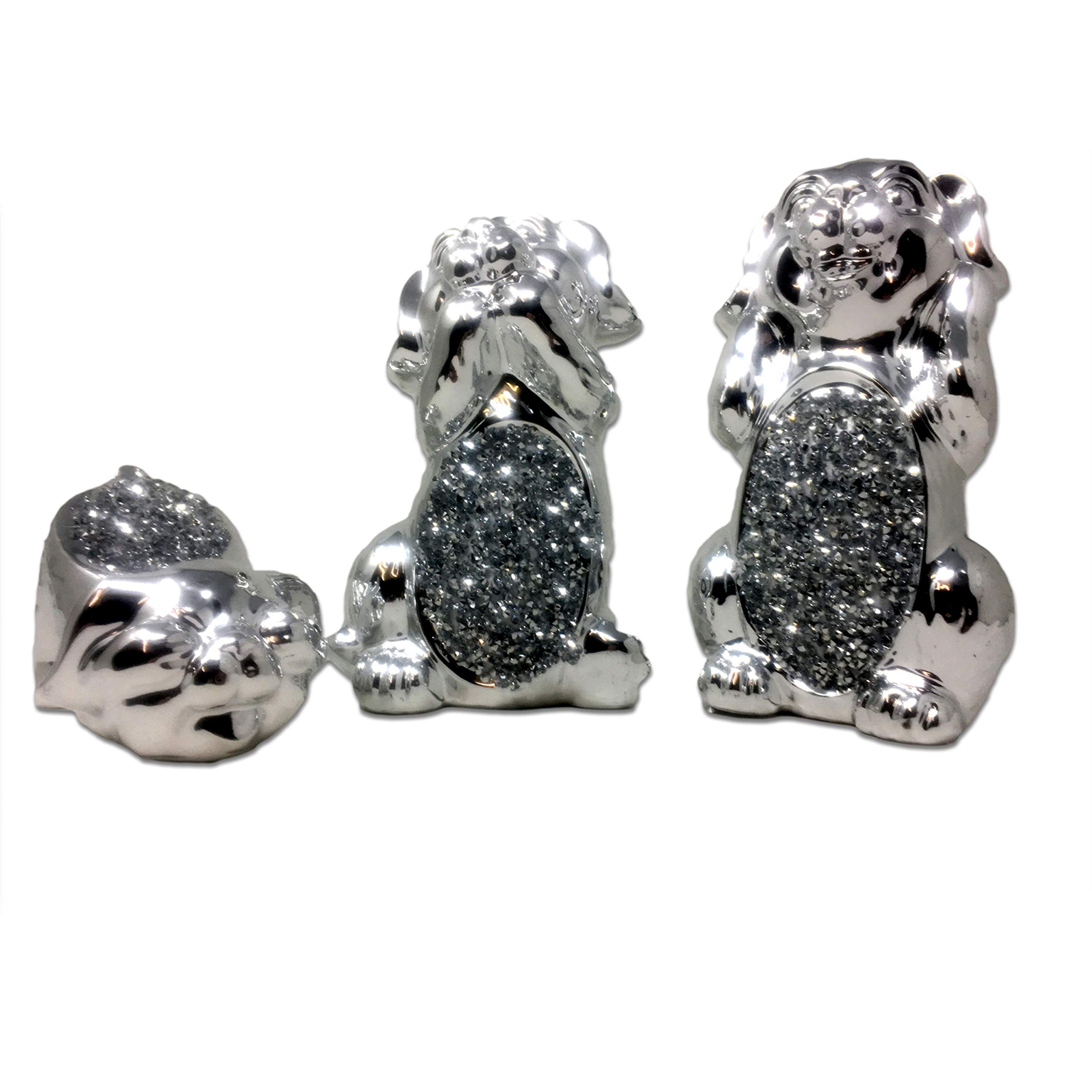 "Silver 'No Evil' Puppy Dog Statue Set with Family Animal Ornaments: Hear No, See No, Speak No"