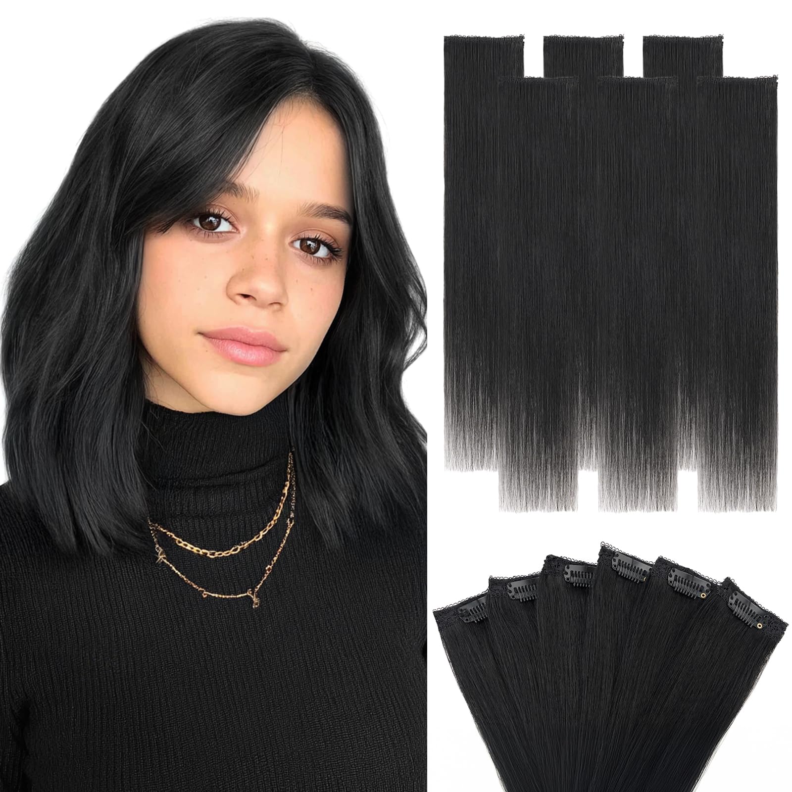 Photo 1 of Hairro 6PCS 6 Clips In Short Hair Extensions Remy Real Human Hair Clip Ins Mini Clip On Hairpin Hairpieces For Women 33g 12 Inch #01 Dark Black