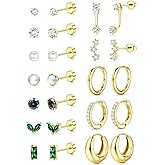 BESTEEL Hypoallergenic Flat Back Earrings - 14K Gold Plated Cartilage Earring Sets for Multiple Piercing, 20G Surgical Stainless Steel Earrings for Women, Small Hoop Flatback Stud Earring Stacks