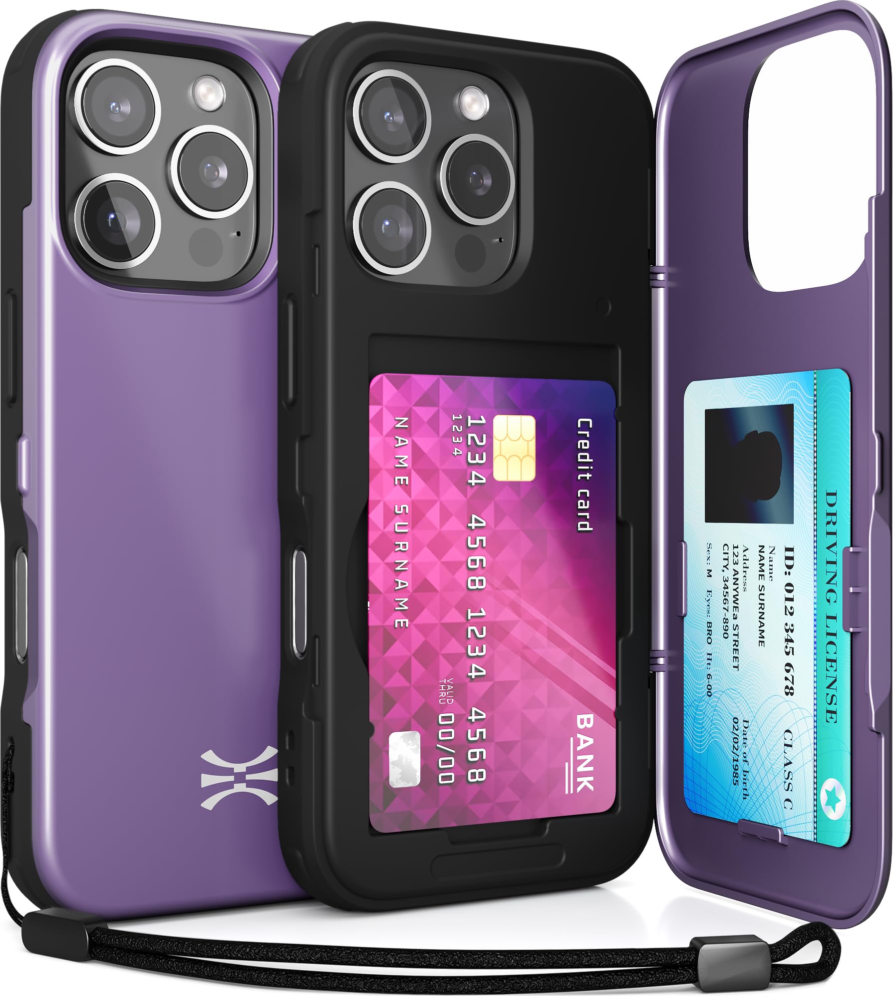 TORU for iPhone 16 Pro Wallet Case with Card Holder, Hidden ID Credit Card Slot Flip Kickstand, Slim Fit Shockproof Heavy Duty Phone Cover with Strap - Purple