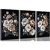 3 Pcs Moody Floral Canvas Wall Art Vintage Dark Peony Flowers Botanical Still Life Painting Picture Wall Decor Poster Print Artwork for Living Room Bedroom Women Room Home Decoration