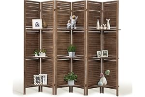 HIGREENA Room Divider with Shelves, 5.6FT Folding Room Divider Panel, 6 Panel Wood Partition Wall Divider for Room Separation, Dark Brown