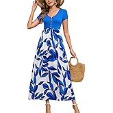 Kormei Women's Short Sleeve V Neck Button Loose Plain Maxi Dresses Casual Summer Tshirt Dress with Pockets