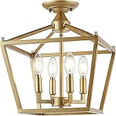 JONATHAN Y 12" Brass Gold Modern Farmhouse Pagoda 4-Light LED Semi Flush Mount Lantern, Metal Ceiling Light Fixture for Kitch