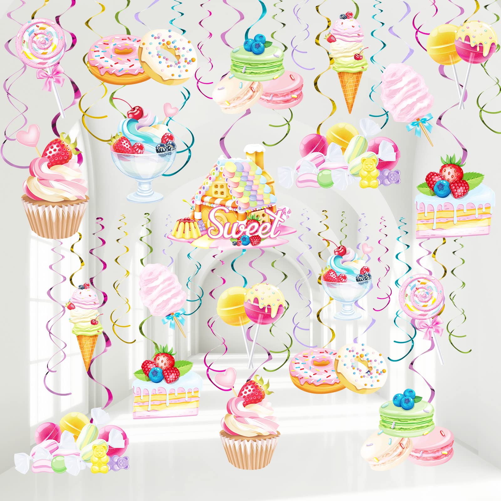 Outus 30 Pieces Candy Hanging Swirls Decorations, Candyland Birthday Party Decor for Girls Kids Lollipop Party Donut Party Ice Cream Party Sweet Theme Baby Shower Supplies