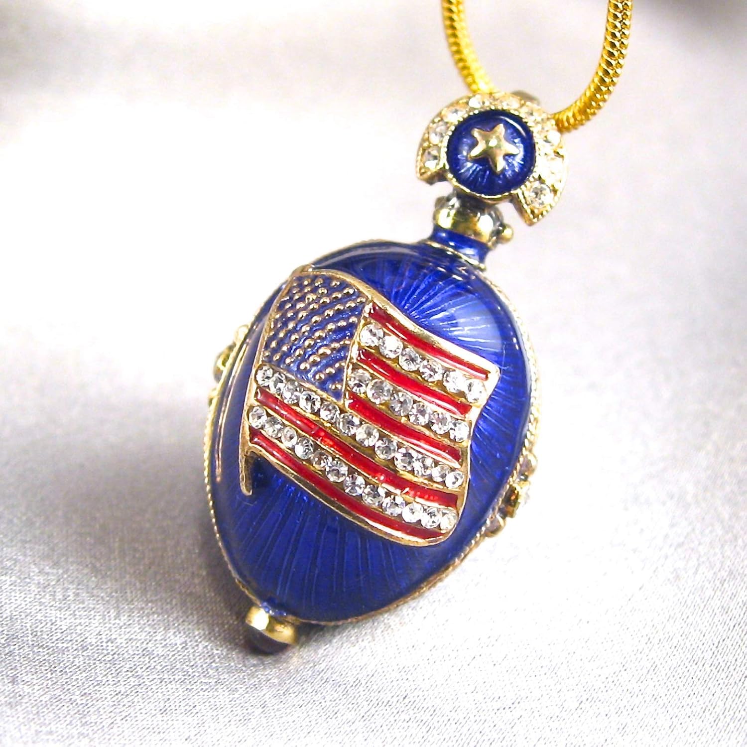 NECKLACE"AMERICAN FLAG" Guilloché Blue Enamel Egg Pendant