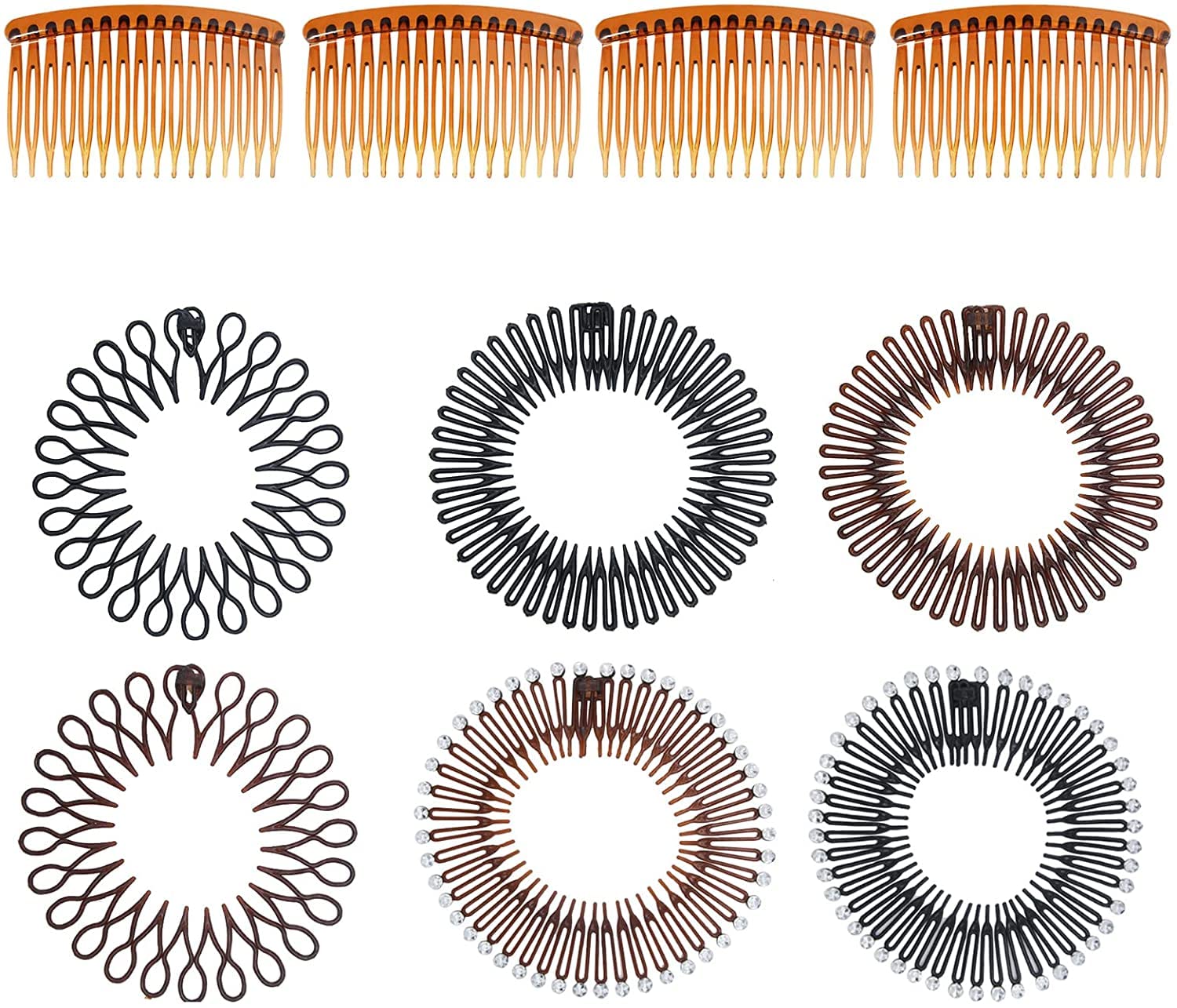 DOMINICK 10PCS Hair Side Comb Full Circle Stretch Flexible Comb Set,Fashion Classic Plastic Plain Hair Comb Slide Comb Elastic Headband Diamond Flexible Comb For Womne Wash Face Makeup