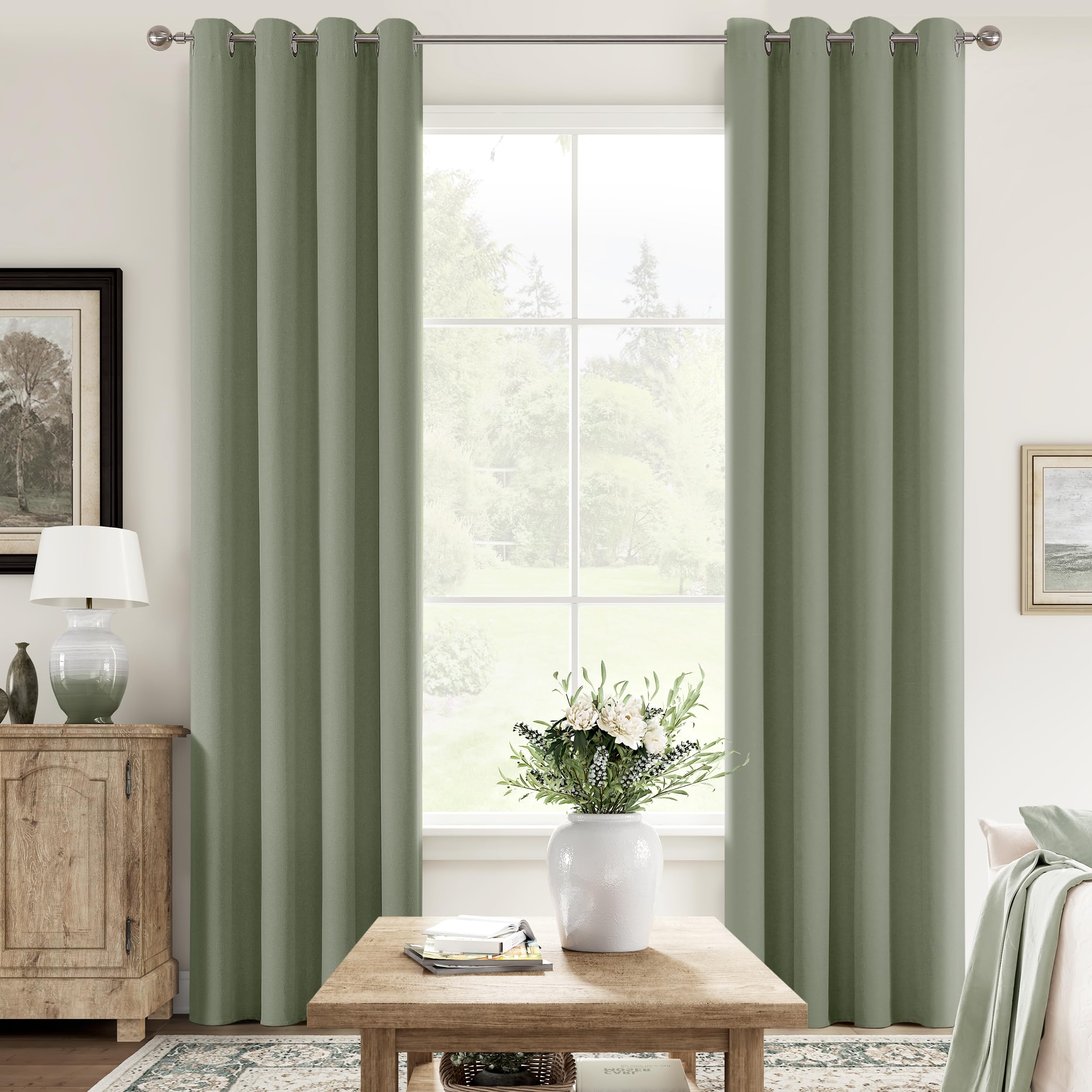 Photo 1 of ChrisDowa 100% Blackout sage Solid Curtains 90 Inches Long 2 Panels for Bedroom Living Room,Farmhouse Room Darkening Thermal Insulated Soundproof Grommet Top Window Treatment Drapes,52x90