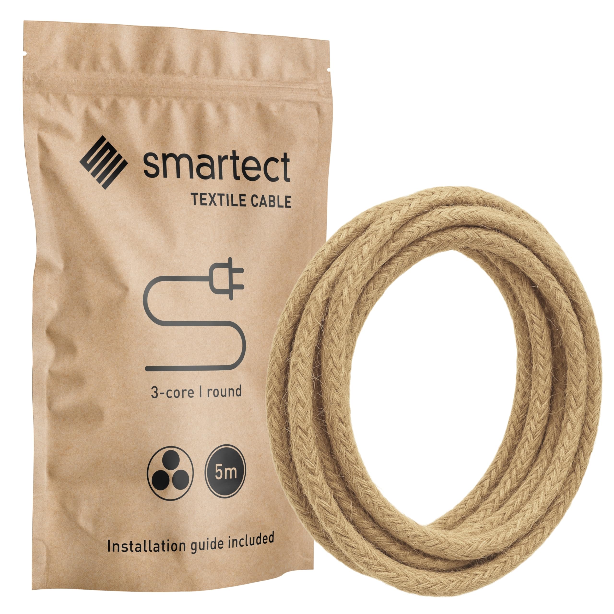 smartect Braided Cable, Jute, 5 Metres 3 Core Electrical Cable (3 x 0.75mm²) Vintage Fabric Electrical Wire for your DIY project