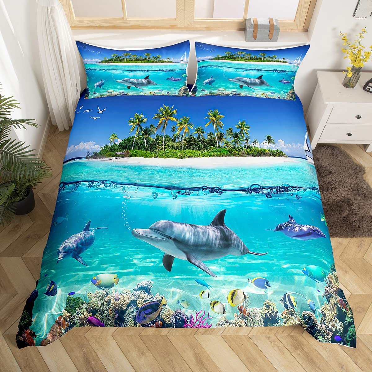 Homewish Tropical Bedding Set Hawaii Beach Duvet Cover Double,3D Fish Comforter Cover Under Sea Marine Life Bed Sets Nautical Sea Animal Ocean Theme Bedroom Decor for Child Kids Woman — image 1