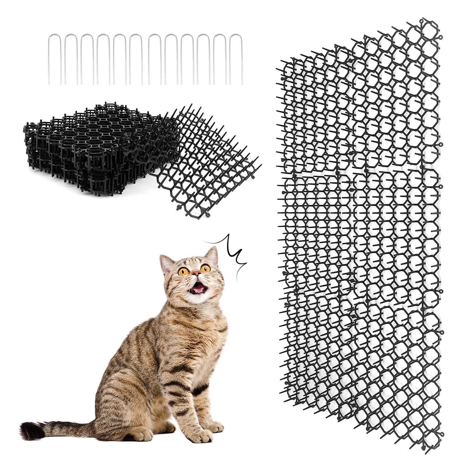 Cat Scat Mat with Spikes, Cat Repellent Mat, Flat Prickle Strip Dig Stopper, Pet Deterrent Mats for Garden, Fence, 7.9×6.1Inches (12 Pcs)