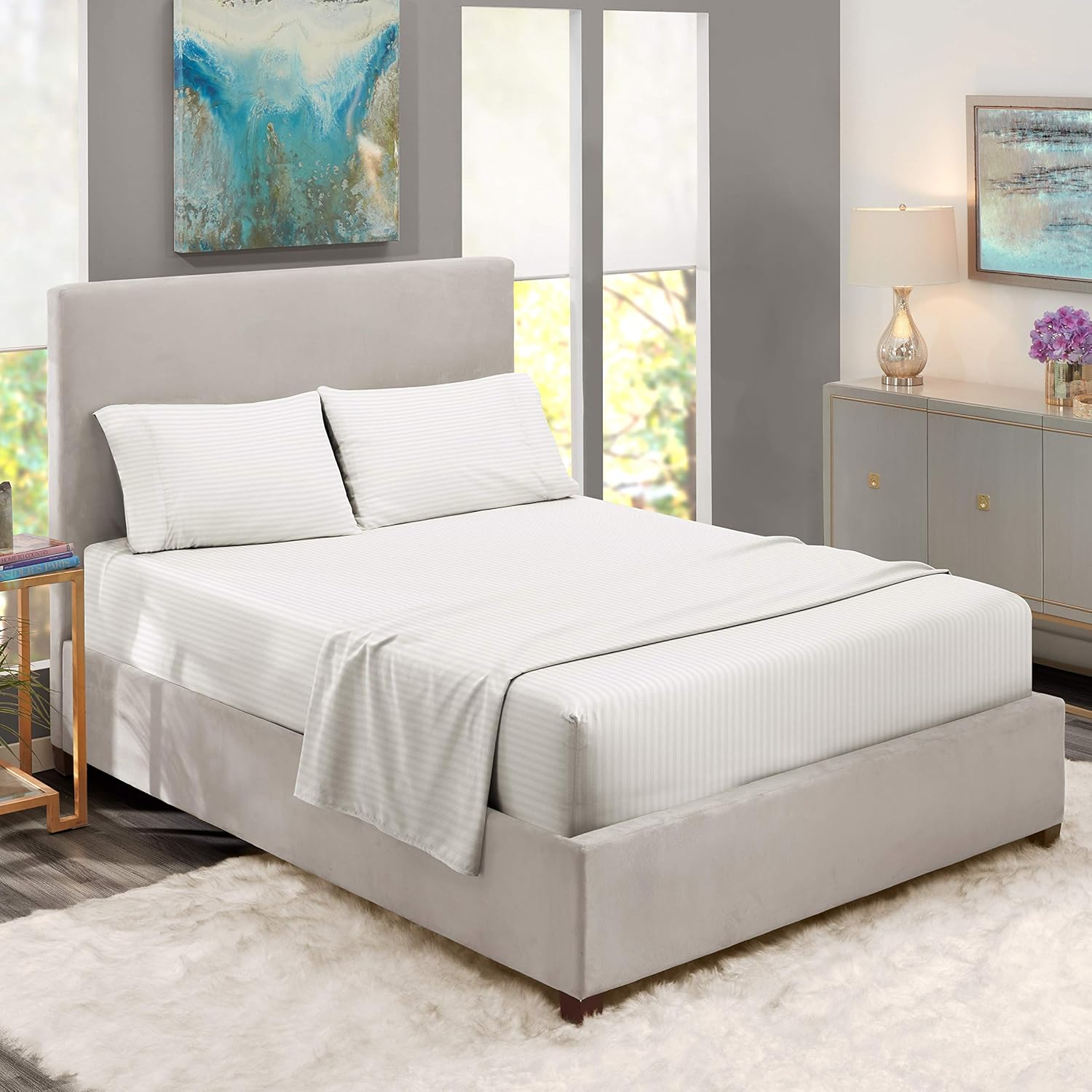 Nestl Bedding Damask Dobby Stripe 4 Piece Set – 14”-16” Deep Pocket Fitted Sheet – Ultra Soft Double Brushed Microfiber Top Sheet – 2 Hypoallergenic Wrinkle Free Cooling Pillow Cases, Queen - White