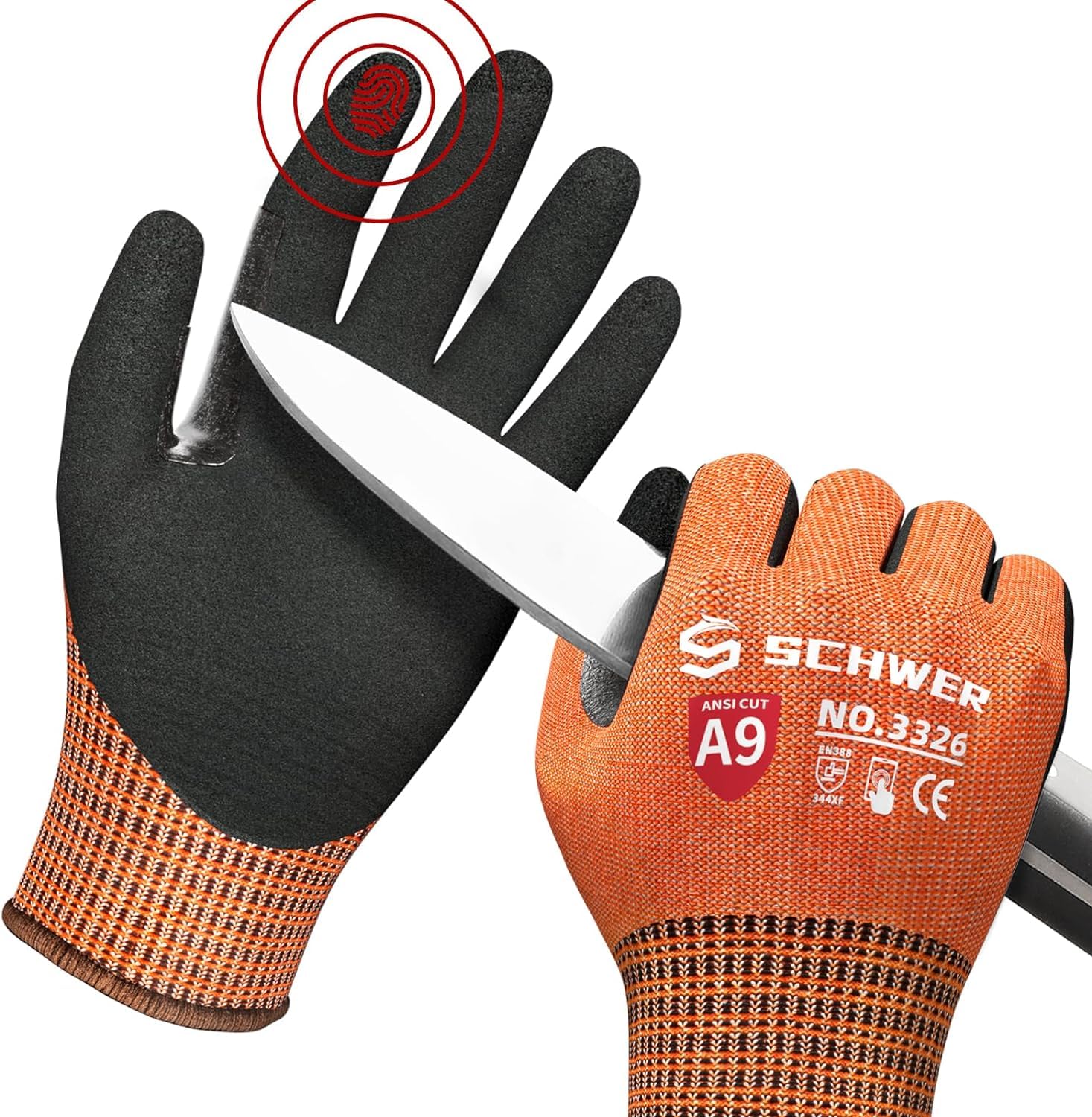Schwer ProGuard Highest Level Cut Resistant Work Gloves PR3326 for Extreme Protection，ANSI A9 Cut Gloves with Reinforced Thumb, Non Slip, Breathable, Durable, Touch-screen, PFAS Free, Orange 1 Pair（L）